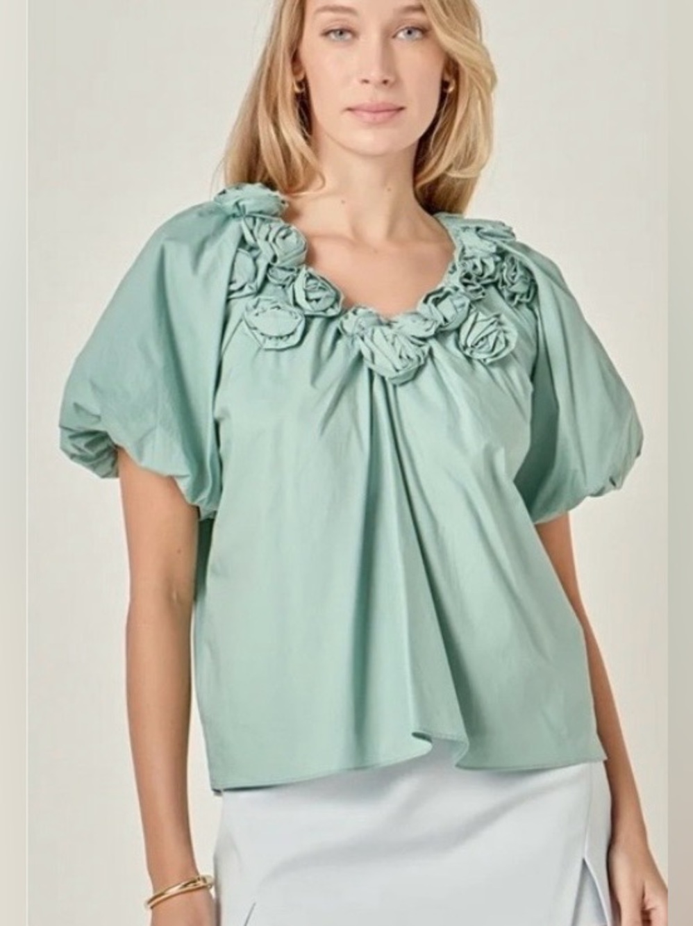 English Factory Puff Sleeve Floral Neckline Blouse